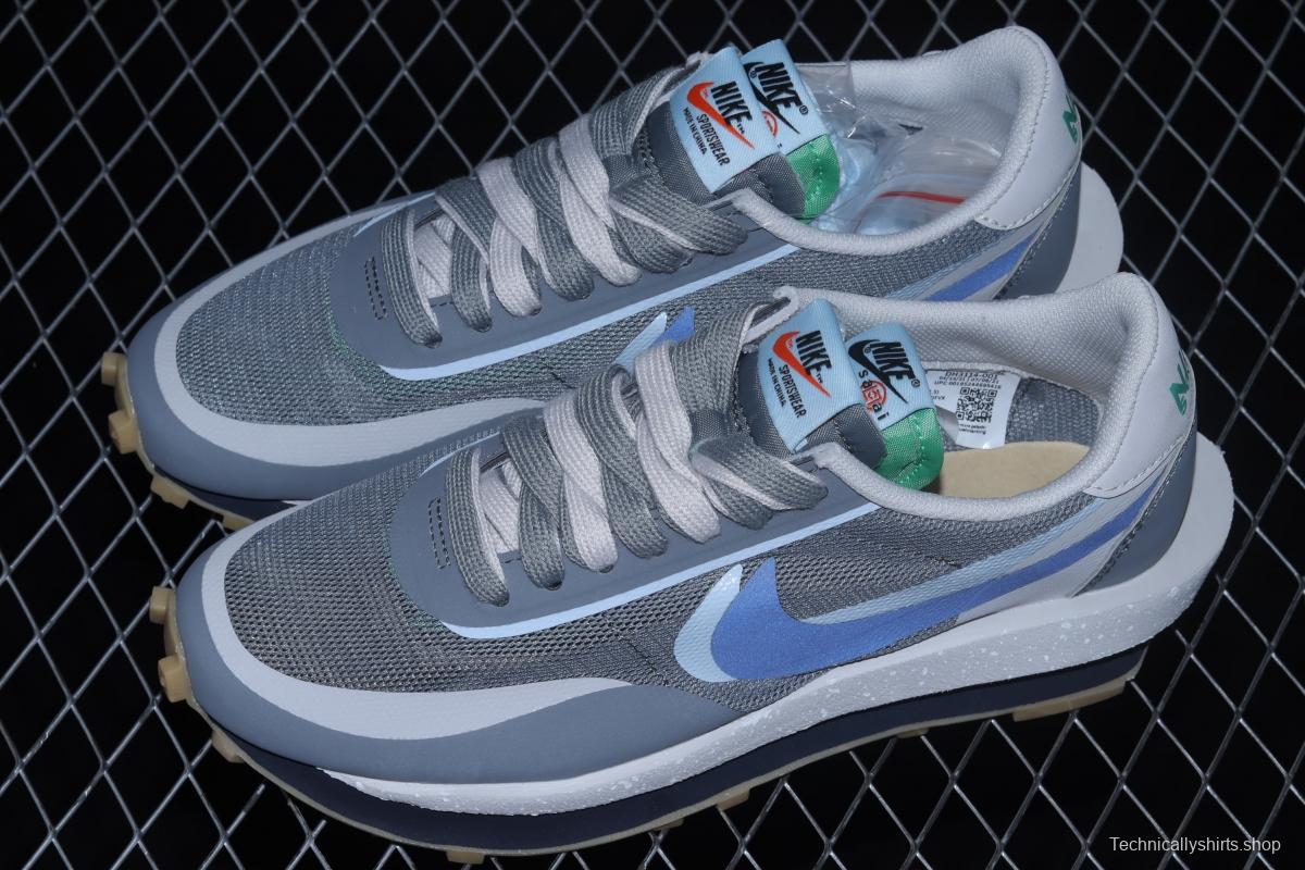 Clot x Sacai x NIKE LDWaffle Cool Grey gray and blue deconstruction tripartite joint name waffle double hook catwalk style casual shoes DH3114-001