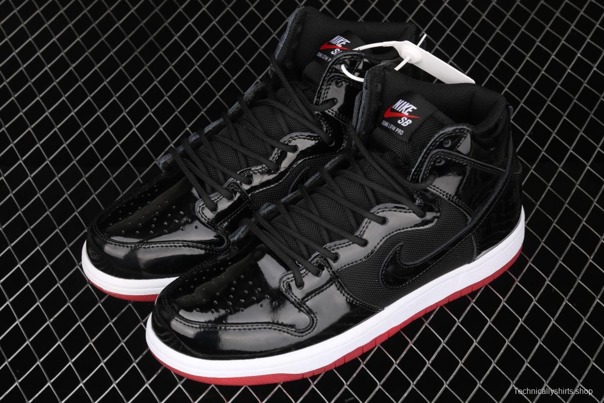 NIKE SB DUNK High Premium lacquered leather black and red high top casual skateboard shoes AJ7730-001