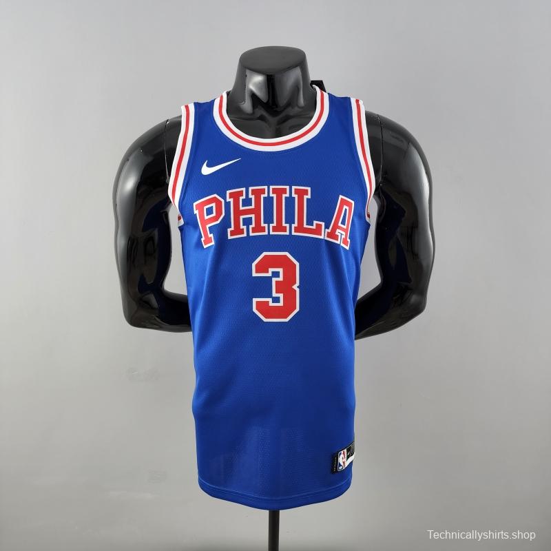 Retro Philadelphia 76ers Iverson #3 Crew Neck Blue NBA Jersey 