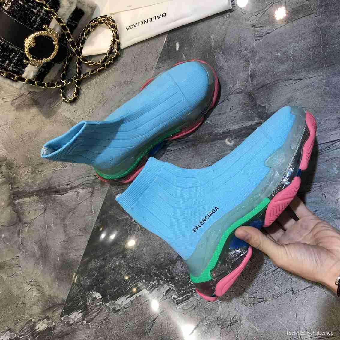 Men/Women Balenciaga Speed Blue Pink Sole Item 6380330