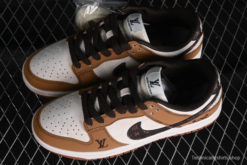 Nike SB Dunk Low LV Collaboration - Brown Black Monogram Anniversary High-End Custom Low-Top Casual Skate Shoes - DQ1098-342