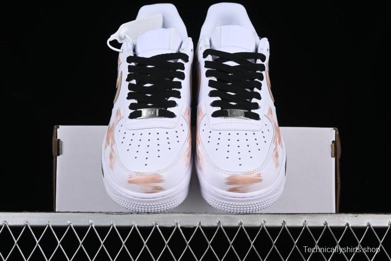 Nike Air Force 1 '07 Low Casual Sneakers with Anime-Inspired Hand-Painted Design, Broken Swoosh Shadow Effect, Brown/Black - CW2288-111