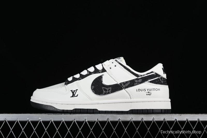 Nike SB Dunk Low LV Collaboration - Beige Black Denim Floral Anniversary High-End Custom Low-Top Casual Skate Shoes - XB3802-358