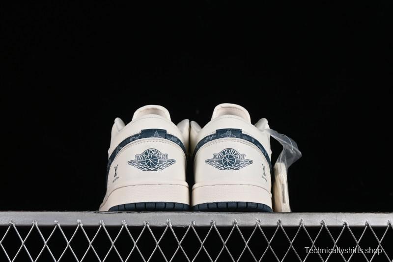Nike Air Jordan 1 Low LV Collaboration - White with Blue Swoosh Custom Casual Sneakers - WG8850-005
