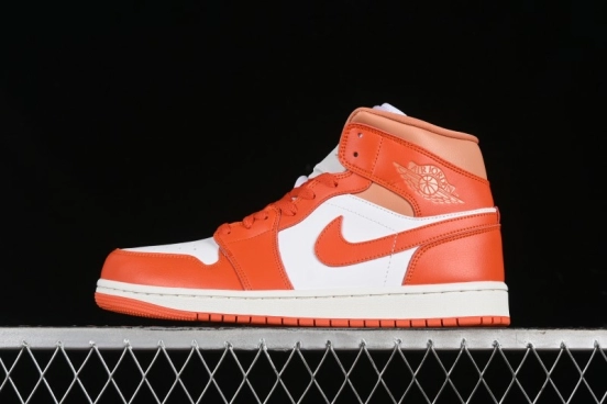 Nike Air Jordan 1 Mid Basketball Shoes in White and Orange Colorway - BQ6472-108