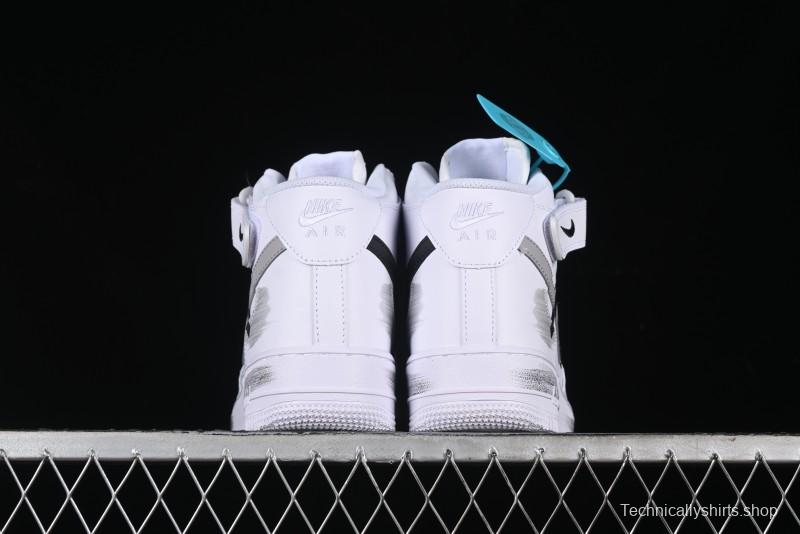 Nike Air Force 1 '07 Mid Casual Sneakers in White/Grey/Black with Hand-Painted Cracked Swoosh Shadow Detail - CW2289-111
