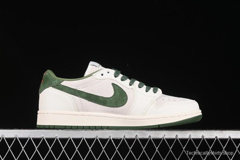 Nike Travis Scott x Fragment Design x Air Jordan 1 Low OG SP AJ1 LV Collaboration - Grey Green Pigskin Low Top Casual Sneakers - XZ1268-005