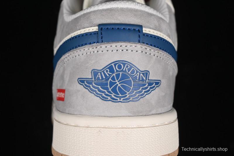 Nike Air Jordan 1 Low Supreme Collaboration - Retro Basketball Shoes in Blue and Gum Sole - SJ9950-022