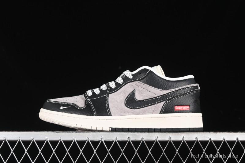 Nike Air Jordan 1 Low Supreme Collaboration - Black Grey Pigskin Two-Tone High-End Custom Retro Basketball Shoes - SJ9950-032