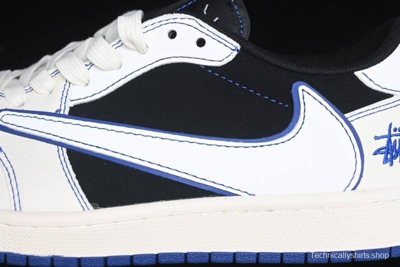 Nike Travis Scott x Fragment Design x Air Jordan 1 Low OG SP AJ1 Stussy Collaboration - Black Blue Line Low Top Casual Sneakers - SJ2068-113