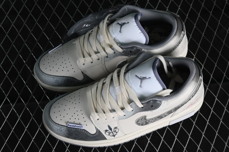Nike Air Jordan 1 Low AJ1 Panda Prank Modern Gray Floral Low-Top Casual Sneakers - 553560-053