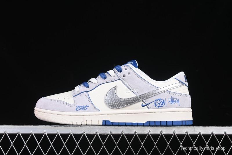 Nike SB Dunk Low Stussy Year of the Snake Collaboration Light Blue Silver Swoosh Anniversary Custom Low-Top Casual Sneakers - DM6868-010