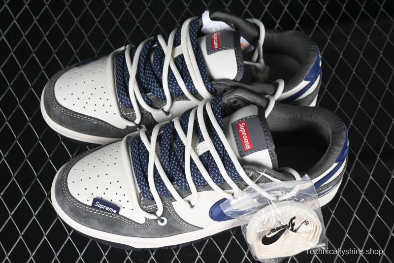 Nike SB Dunk Low Supreme Collaboration - Grey White Blue Swoosh Lace-Up Anniversary Customized Low-Top Casual Skate Shoes - XS1186-100