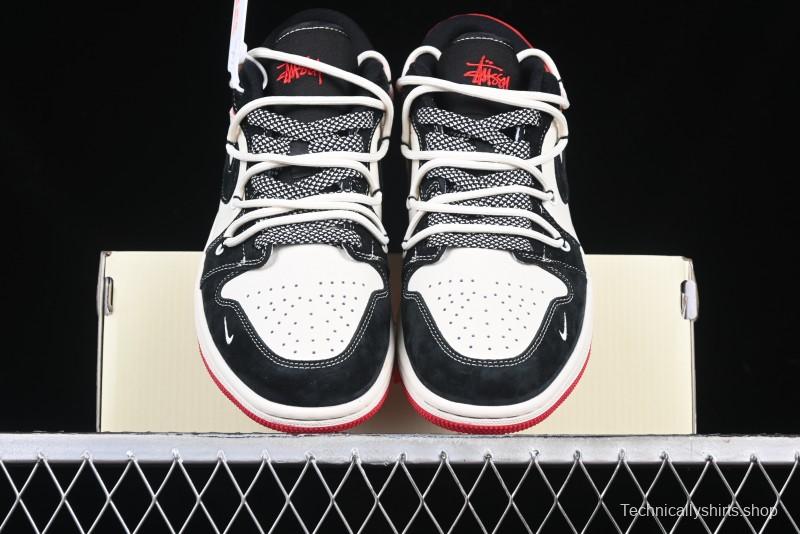 Nike Air Jordan 1 Low Stussy Collaboration - Black Red Custom High-End Retro Basketball Shoes - SJ9950-048