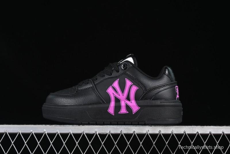 NY Yankees Black Leather Sneakers with Bold Pink Logo
