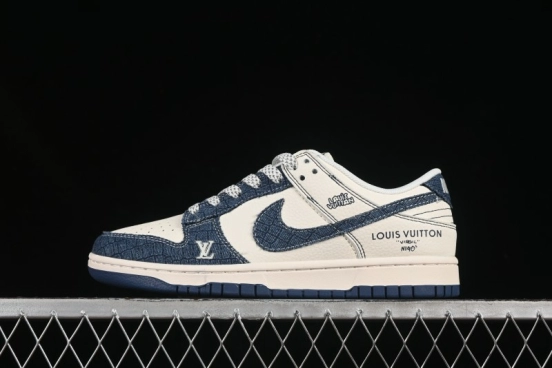 Nike SB Dunk Low LV Series Denim Blue Swoosh Anniversary High-End Custom Low-Top Casual Skate Shoes - FC1688-221