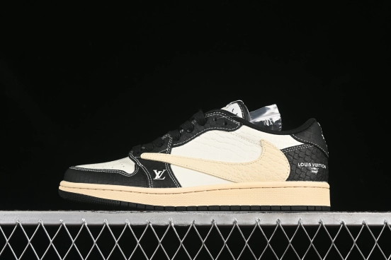 Nike Travis Scott x Fragment Design x Air Jordan 1 Low OG SP AJ1 LV Collaboration Black Beige Crocodile Texture Low-top Casual Sneakers - XX3168-152