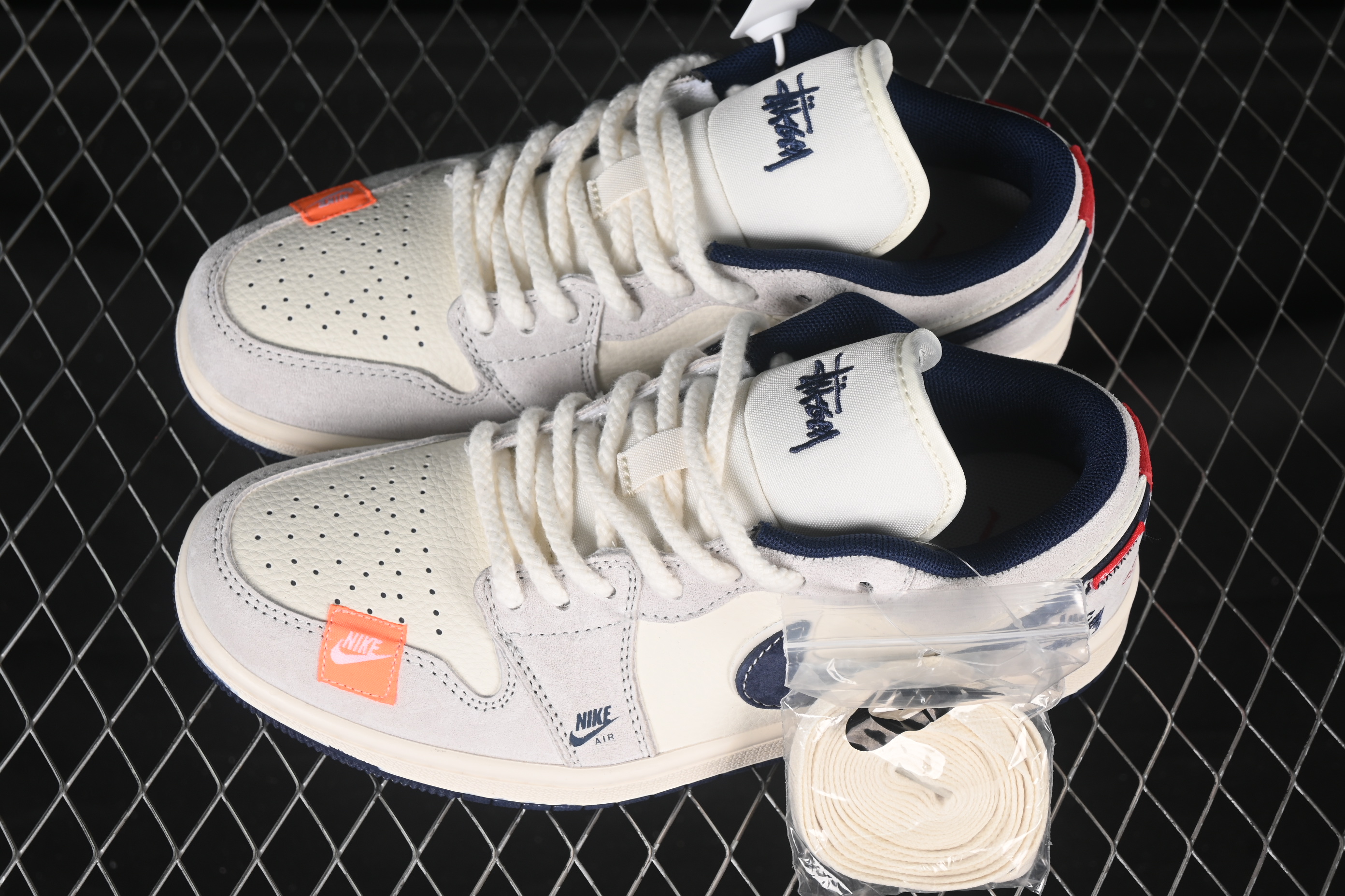 Nike Air Jordan 1 Low Stussy Collaboration Dark Blue Hook Retro Basketball Shoes - YX5066-303