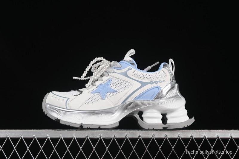GG-CC Star Same Style Lace-Up Hollow Out Dad Shoes with 5cm Hidden Height Increase - G25X269 White Blue