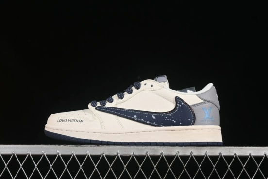 Nike Travis Scott x Fragment Design x Air Jordan 1 Low OG SP Sneakers with Splatter Blue Swoosh - ZH2598-242