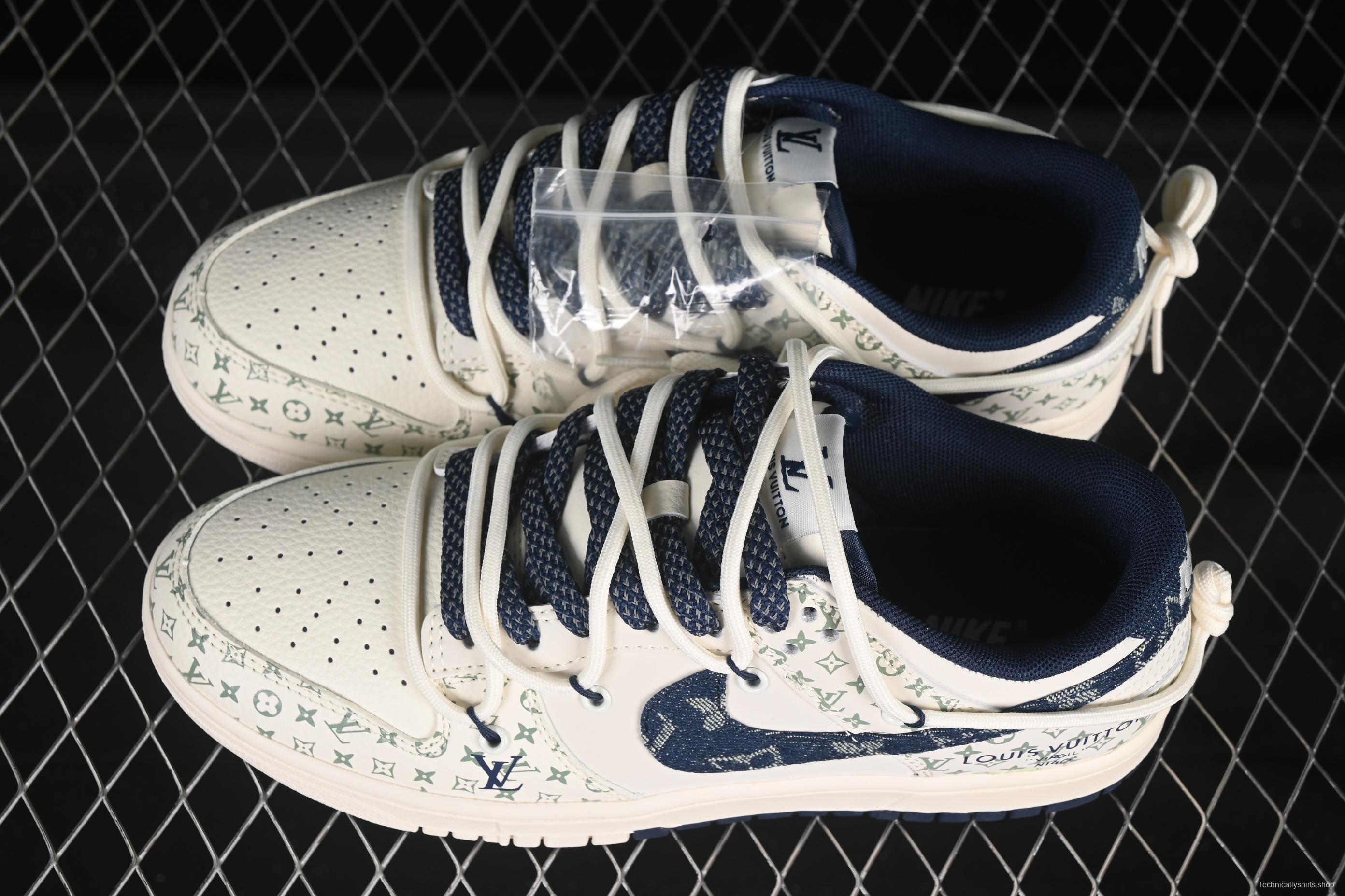 Nike SB Dunk Low LV Collaboration Strap Denim Blue Swoosh Anniversary High-End Custom Low-Top Casual Skate Shoes - YX5066-329