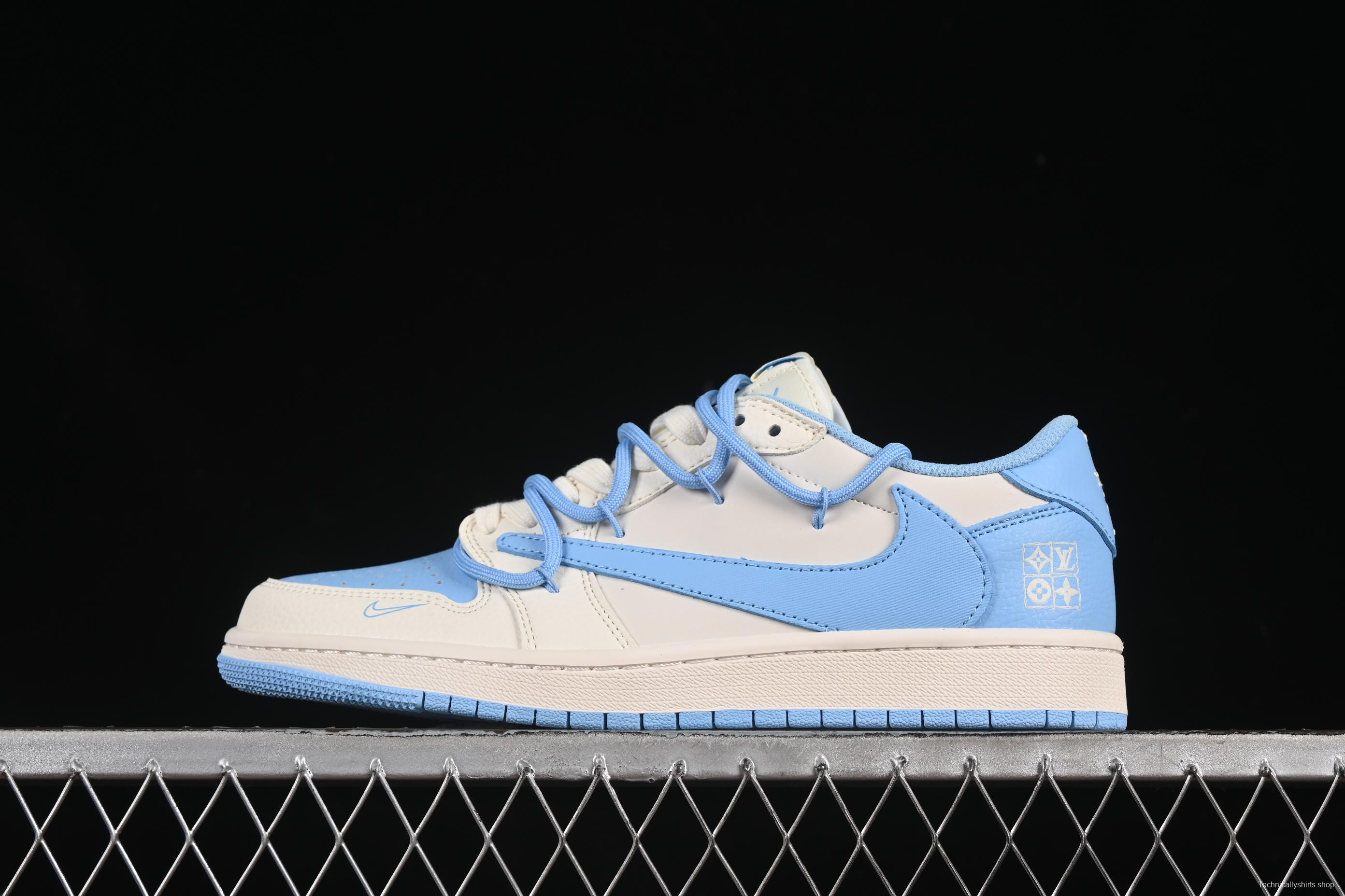 Nike Travis Scott x Fragment Design x Air Jordan 1 Low OG SP AJ1 LV Collaboration Sky Blue Drawstring Low-Top Casual Sneakers - DM6868-107