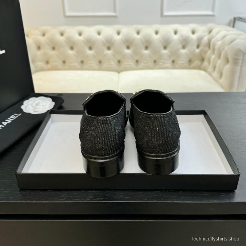 2025 Women Chanel Black Leather Canvas Loafers KFY00310