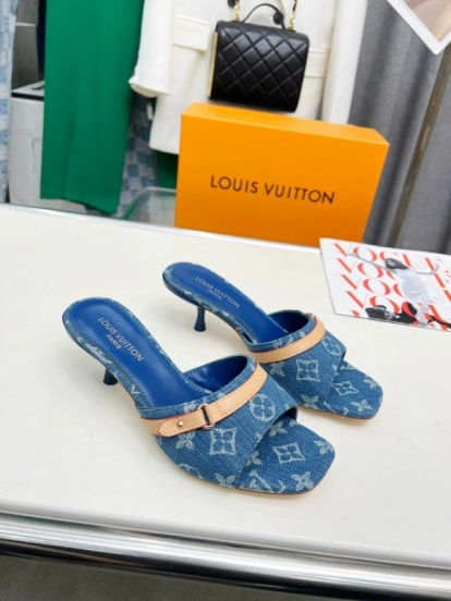 2025 Women Louis Vuitton Denim Blue Leather Heeled Sandals LY00260