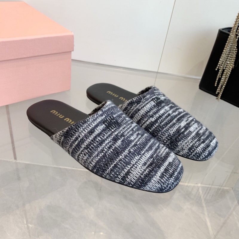 2025 Women Miu Miu Black White Knit Leather Slippers