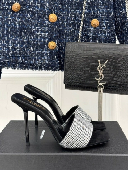 2025 Women Yves Saint Laurent Black Silver Crystal Leather Heeled Slippers LY00300