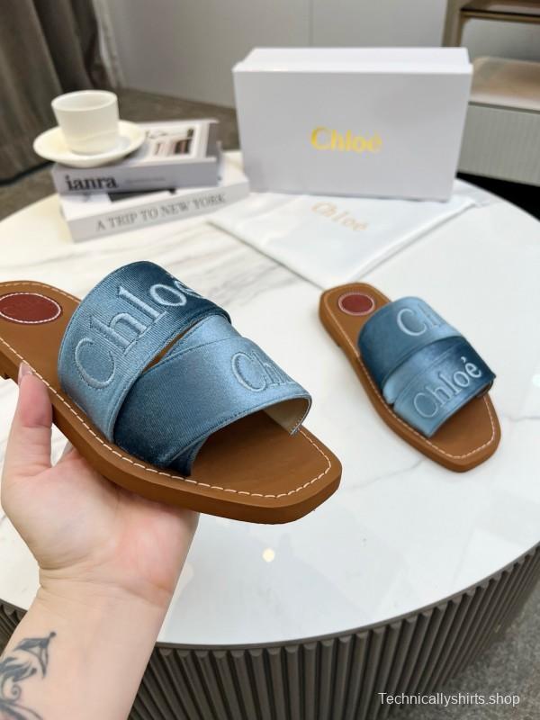 2025 Women Chloé Blue Denim Leather Slippers LY00200