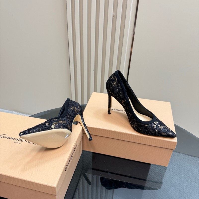 2025 Women Gianvito Rossi Black Lace Leather High Heel KFY00280