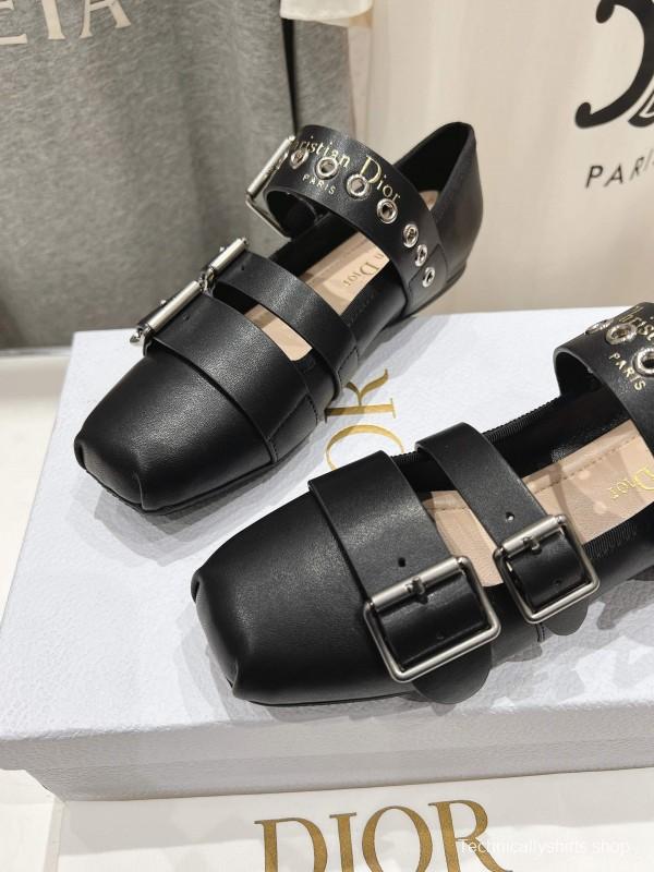 2025 Women Dior Black Leather Mary Jane Buckle KFY00300
