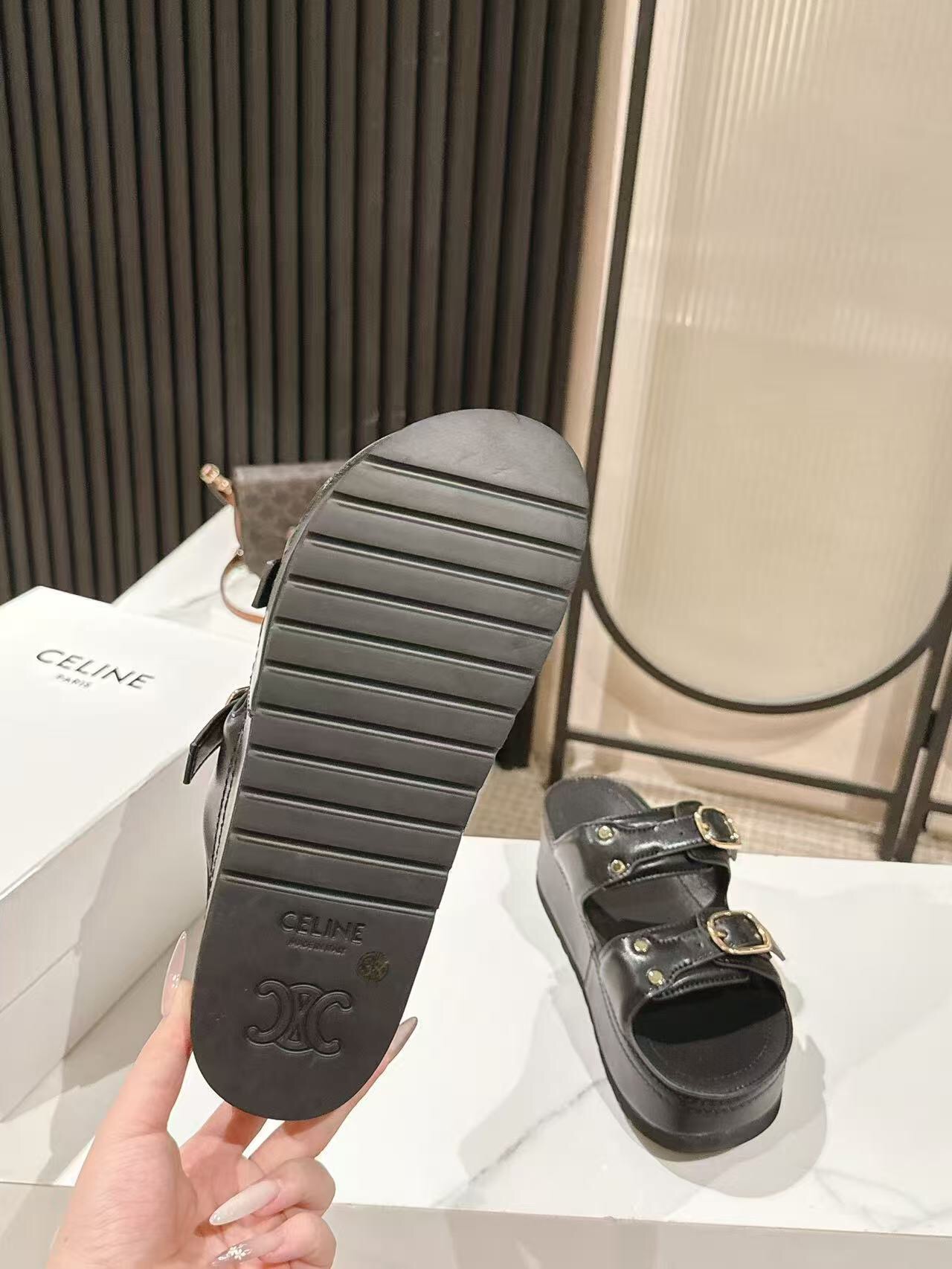 2025 Women Celine Black Leather Platform Slide Sandals LY00300
