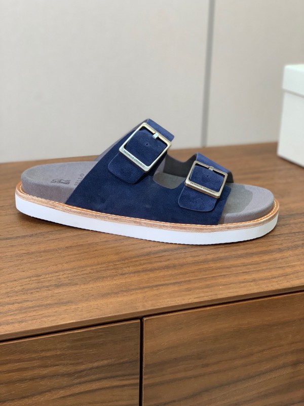 2025 Unisex Brunello Cucinelli Blue Suede Leather Slippers KFY00250