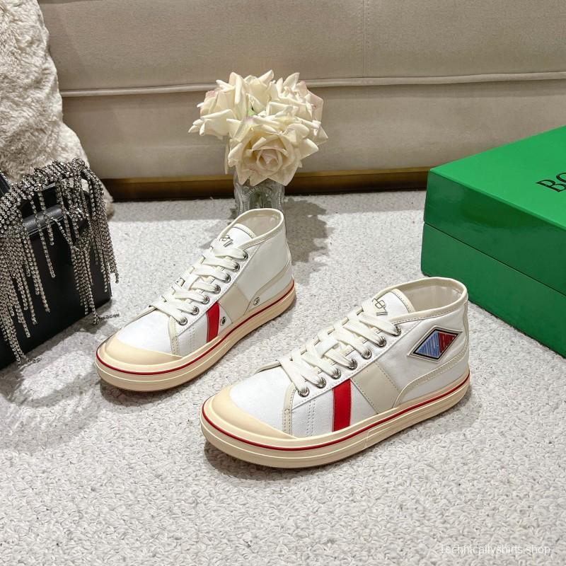 2025 Unisex Bottega Veneta White Red Canvas Leather Sneakers LY00