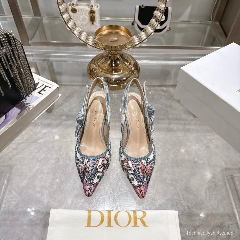 2025 Women Dior Blue Pink Embroidered Fabric Slingback Heels