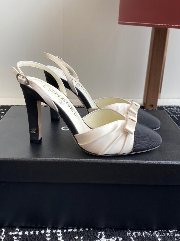 2025 Women Chanel Black White Satin Leather Slingback Heels