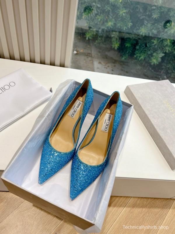 2025 Women Jimmy Choo Blue Glitter Leather Pumps