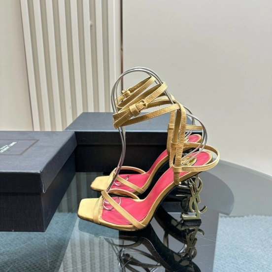 2025 Women Yves Saint Laurent Light Brown Satin High Heel Sandals