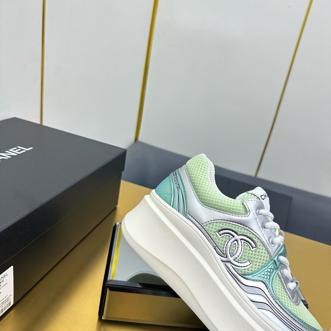 2025 Women Chanel Green Silver Mesh Leather Platform Sneakers