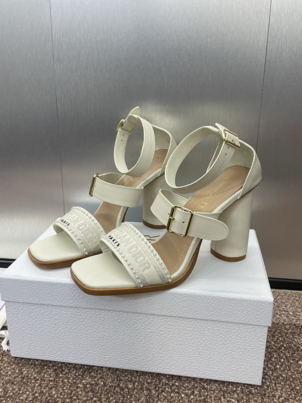 2025 Women Dior White Calfskin Leather Embroidered Sandals KFY00320