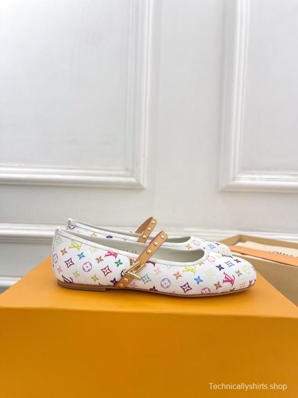 2025 Women Louis Vuitton White Multicolor Leather Ballet Flats KFY00300