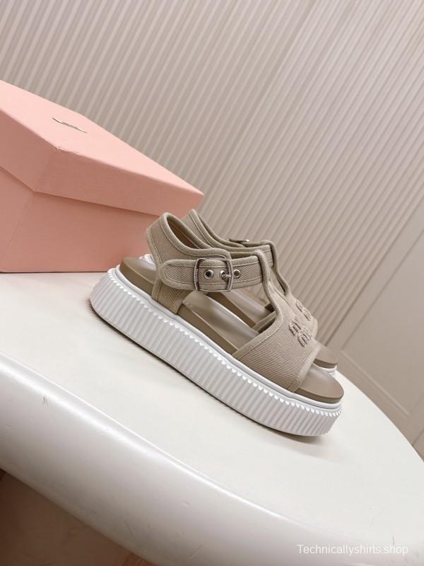2025 Women Miu Miu Beige Canvas Sandals Buckle LY00360