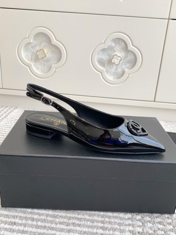 2025 Women Chanel Black Patent Leather Slingback Pumps KFY00300