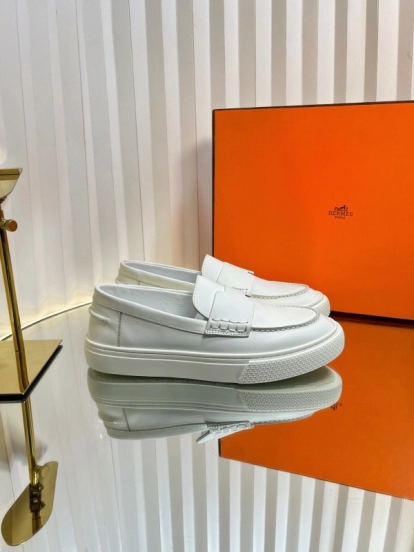 2025 Unisex Hermès White Leather Fabric Loafers LY00310(F)/LY00320(M)