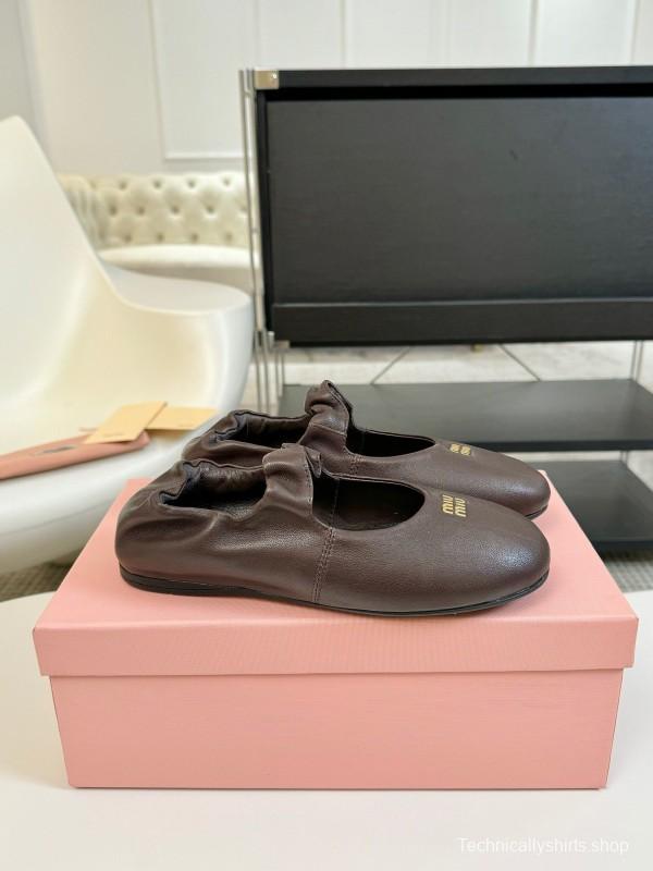 2025 Women Miu Miu Brown Leather Ballet Flats