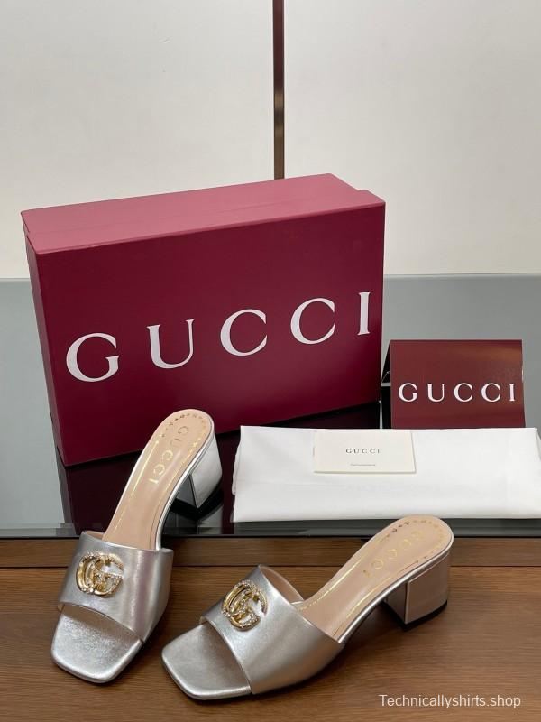 2025 Women Gucci Gold Leather Mules GG Emblem LY00280