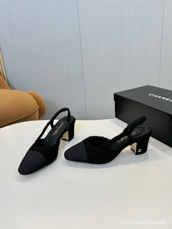 2025 Women Chanel Black Fabric Leather Slingback Heels LY00240