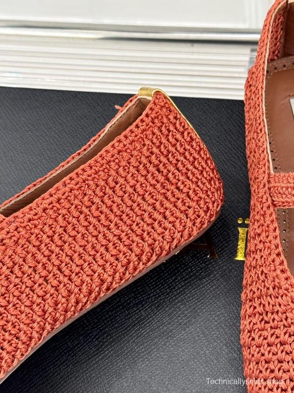 2025 Women AlAIA Orange Knitted Leather Mary Jane KFY00310